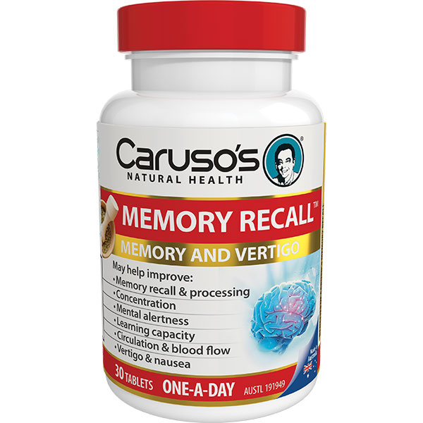 a red and white tub of memory recall 30 tablets