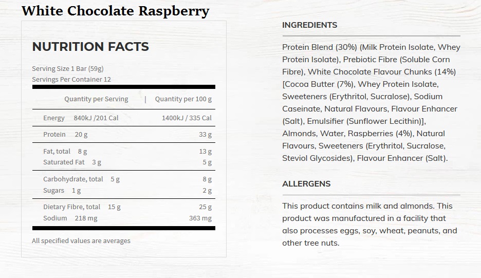 White Chocolate raspberry Nutritional Information